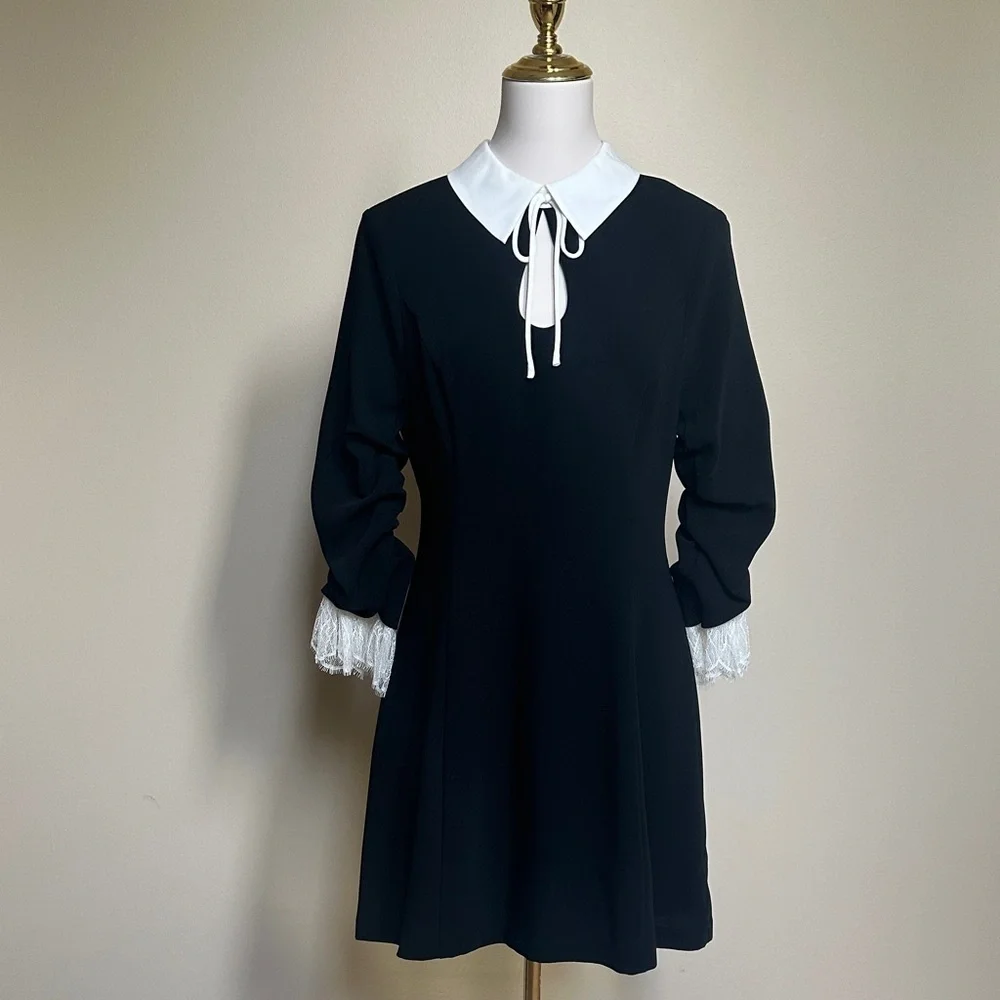 Cinq à Sept Savina Dress Black Ivory Size 8 | NWT| Silk Collar Lace Trim Dress - Picture 1 of 8